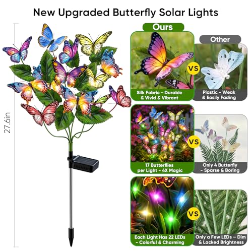 Solar Lights Outdoor Garden Decor: 2 Pack 34 Silk Butterflies with 44 Color-Changing LEDs - Auto On/Off 12H Magical Lighting IP65 Waterproof for Yard Patio Pathway - Unique Gifts for Mom Grandma - size: 2 Pack