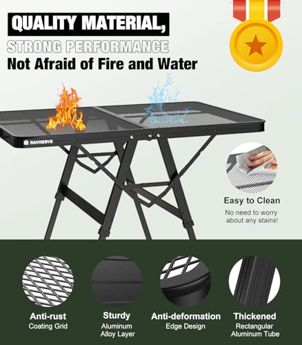 Raynesys Foldable Grill Table with Mesh Desktop, 200lbs 3Ft Portable Folding Table, Height Adjustable Metal Table for Ourdoor, Camping, Picnic, BBQ and Beach, RV, 35.4" L x 23.6" W - size: L(3ft-35.4"x23.6"x14.2"/18.9"/24.4")