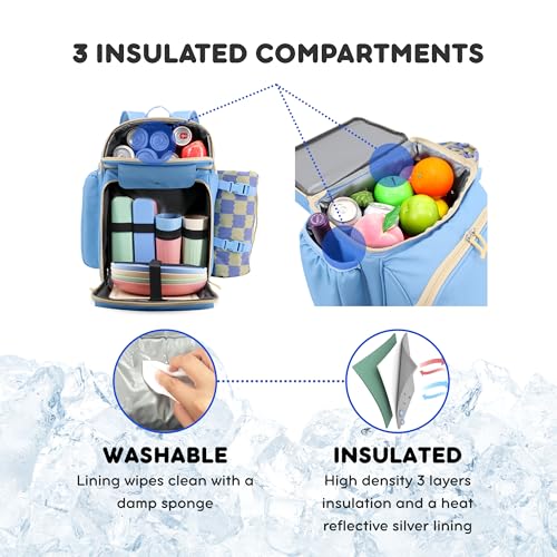 J World Picnic Backpack Cooler for 4. Insulated Picnic Basket Set with Folding Waterproof Blanket. Beach Camping Wedding Engagement Gift for Couples, Sky Blue - color: Sky Blue