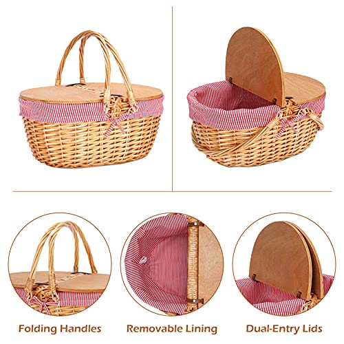 Wicker Picnic Basket with Liner, Wooden Split Lid Picnic Basket, Vintage-Style Wicker Picnic Hamper with Folding Woven Handle for Picnic, Camping, Outdoor, Valentine Day, Thanks Giving, Birthday (Red) - color: Red Stripe W/Liner