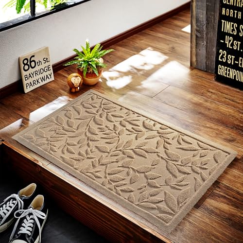 Beige Leaves Outdoor Indoor Entrance Doormats, Absorbent Durable Heavy Duty Welcome Front Door Mat,Thick Natural Rubber Back,Easy Clean Entryway Mat 17x30 Inch, Low Profile - color: Leaves-beige, size: 1'5" x 2'6" (Rectangular)