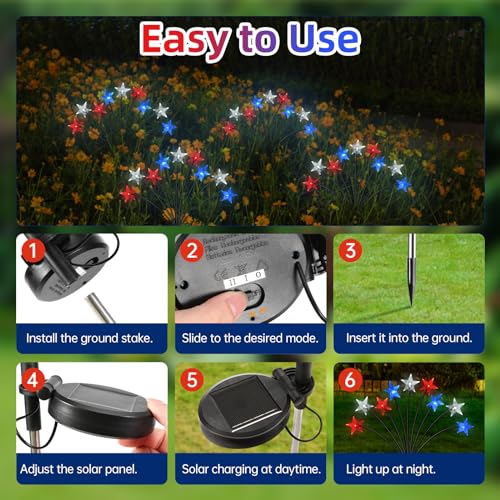 Lewondr 4th of July Decorations Solar Garden Lights, Fourth of July Red White and Blue Light Solar Lights Outdoor, Waterproof Patriotic Decor with 9 LED 2 Lighting Modes for Independence Day, 4 Pack - size: 4 Pack, style: Transparent Star