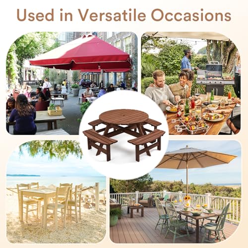 Zevemomo Wood Picnic Table for 8 People, Round Top with Umbrella Hole, 4 Built-in Curved Benches, 2220LBS Capacity for Patios & Backyards, Brown - color: Brown, style: 8-Person