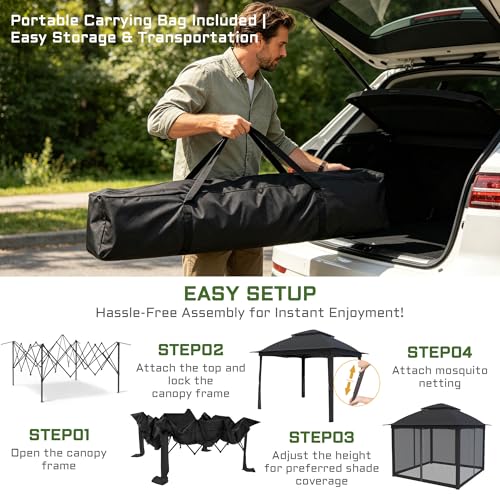 11'X11' Gazebo Pop Up with 4 Sidewalls Mosquito Netting, Heavy Duty Patio Gazebo Canopy Tent with Double Air Roofs for Backyards, Patios, Decks, Gardens, Parks - color: Black Top