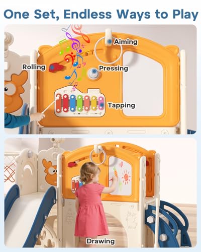 BIERUM Toddler Slide Set, 13 in 1 Kids Indoor Slide for Toddler 1-3, Indoor Outdoor Toddler Slide Playset with Basketball Hoop, Golf Game & Drawing Board, Baby Indoor Slide Playground, Blue&Yellow