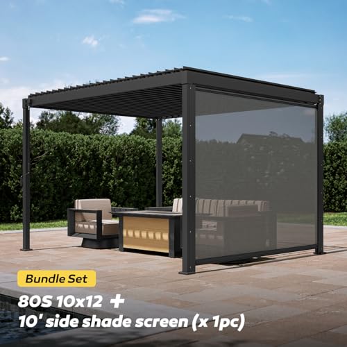 MIRADOR 80S 10'x12' Louvered Pergola with 10FT Shade Screen for Outdoor Deck Lawn Garden Backyard Patio Porch，Charcoal