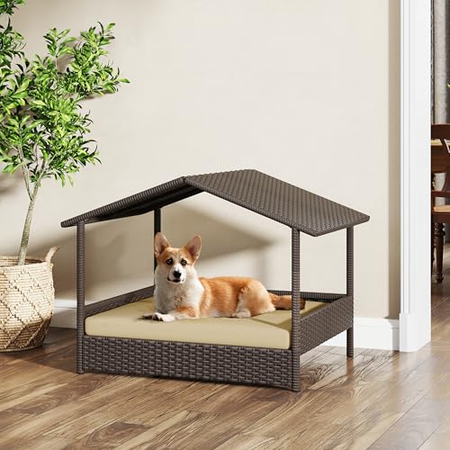 Yaheetech Wicker Dog House Outdoor Indoor with Canopy, Elevated Dog Shelter Dog Bed with Cushion for Small/Medium Dogs, Shade for Deck, Patio, Yard, Pool Brown House, Khaki Cushion