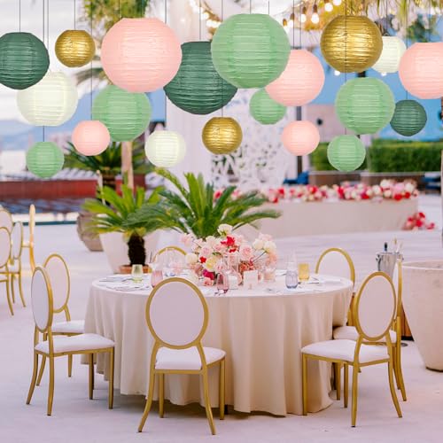 ADLKGG Paper Lanterns Decorative, Hanging Paper Lantern Decorations for Valentines Day Decorations Graduation Wedding St. Patrick's Day Neutral Baby Shower Home Decor Sage Green/Pink/Gold 21pcs - color: Pink green and white and gold