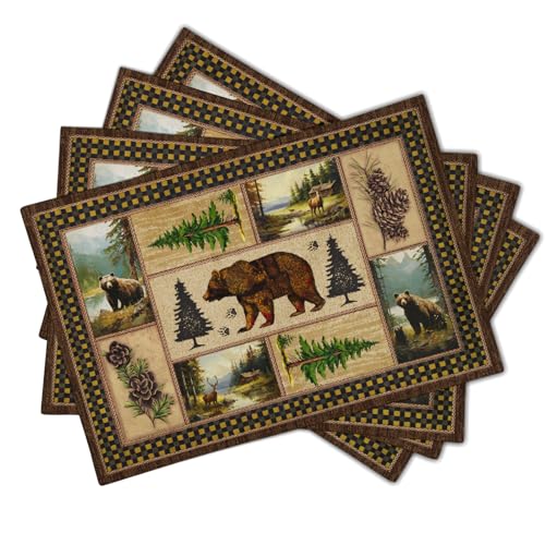 Rustic Lodge Bear Deer Placemats 4 Pcs, Vintage Cabin Pine Cone Plaid Place Mats, Heat Resistant Non Slip Cotton Linen Dining Table Mats Home Kitchen Decor, 18 x 12 Inch - color: Bear Cabin