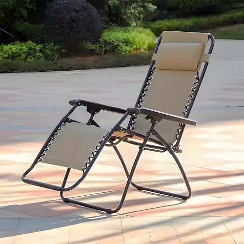 Caravan Sports Zero Gravity Outdoor Portable Folding Camping Lawn Deck Patio Pool Recliner Lounge Chair for Adults, Adjustable Headrest, Beige - color: Beige