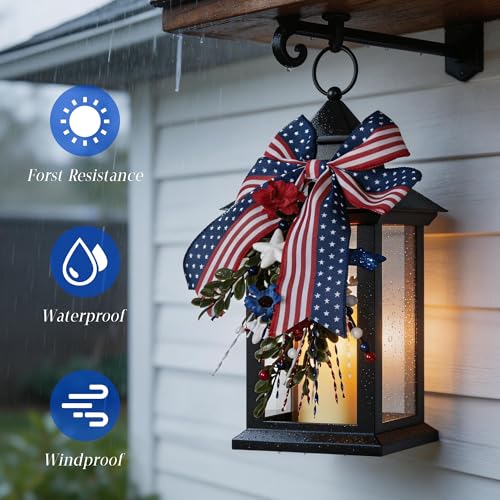 JOIONE Lanterns Decorative Indoor for 4th of July, 2 Pack 14" 250th Anniversary Patriotic Red White Blue Hanging Lantern with Timer, Battery Operated Waterproof Independence Day Outdoor Porch Decor - style: Patriotic Decorative Lantern