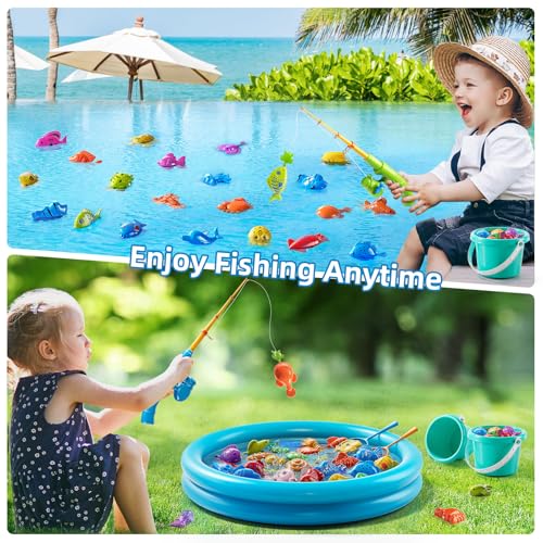 JUKUDAHU Magnet Fishing Toys Game for Kids 3-5 - Floating Fish Toys with Inflatable Kiddie Pool, Bath for Toddlers, Pole Rod Net, Outdoor Party for Boys Girls Kids Age 3 4 5 6 7 8 Year Old - style: 60 PCS Fishing and Round Pool with 2 Pails