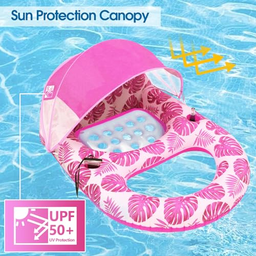 COOLCOOLDEE Pool Lounge Float with Canopy UPF50+,Extra Large Pool Floats for Adults Heavy Duty,Inflatable Lounger Float with Cup Holder & Backrest,Footrest - color: Pink