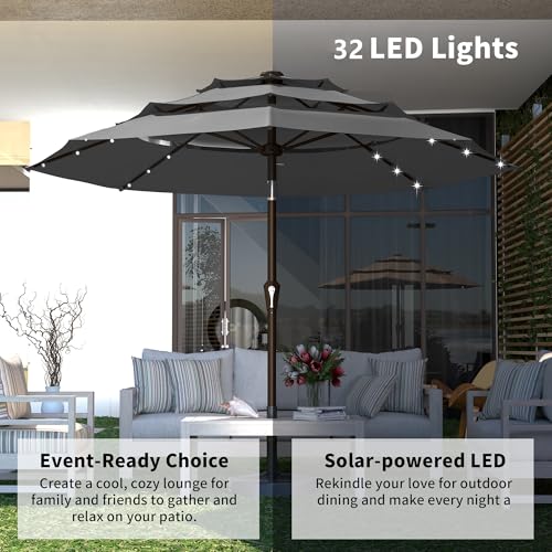 Kingdura 9ft 3-Tier Patio Umbrella with Solar Lights, Table Umbrella Outdoor Patio with Easy Crank & Tilt, 8 Sturdy Ribs, UV Protection, 32 LED Lights for Deck, Poolside, Market (Grey) - color: Dark grey-LED, size: 9 FT
