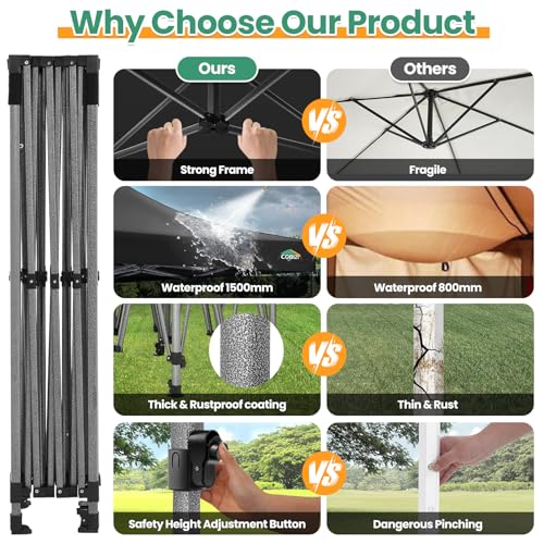 COBIZI 10x15 FT Heavy Duty Pop up Canopy with 4 Removable Sidewalls, Easy up Gazebo High Stability, All Weather Sunshade 100% Waterproof Outdoor Canopy Tents with Carry Bag, Black - color: Black, size: 10x15 with 4 sidewalls