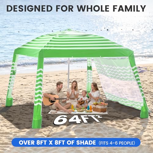 Zeraty Beach Cabana 8'×8', Portable Beach Canopy with Side Wall, UPF 50+ Silver-Coated Beach Tent Sun Shelter, Wind Resistant Adjustable Altitude Beach Umbrella Tent for Family, Green - color: Green