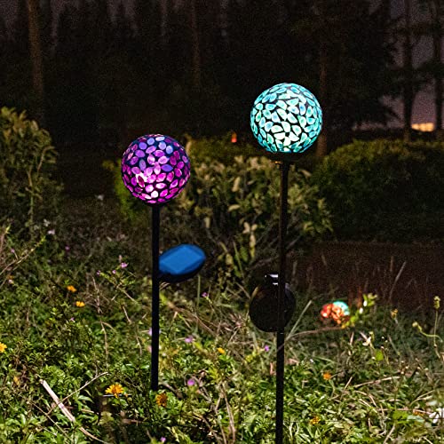 VCUTEKA Solar Garden Decorative Lights Outdoor, Mosaic Solar Light Waterproof LED Pathway Stake Light for Landscape Patio Yard Deck Walkway Decoration, 2 Pack （Blue&Purple） - color: Blue