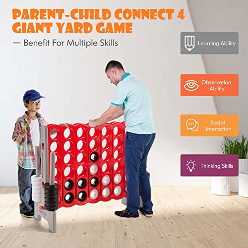GLACER Giant 4-in-A-Row Game Set, 4-to-Score Game with Quick-Release Slider & 42 Jumbo Rings, 3.5FT Tall Outdoor Yard Games for Family Parties, Kids & Adults - color: Brown+red