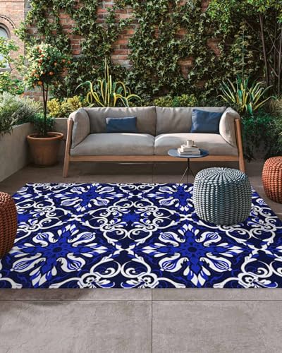 Large Outdoor Rug 4'x6' for Patio Indoor Outdoor Area Rug Boho Flower Line Texture Blue Rugs Outside Patio Rugs Camping Carpet Mat for Spring Picnic - color: Bohemianhoe7414, size: 4' x 6' (Rectangular)
