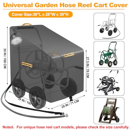 Hose Reel Cart Covers for Outside,Heavy Duty 420D Hosepipes Cover for Garden with Air Vent,Waterproof Strip,2 Reflective Strip Handles,Univeral Protective Hose Holder Cover,All Season Protection