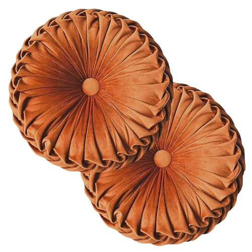 Teieas 2 Pcs Round Throw Pillows Decorative Pumpkin Velvet Boho Pleated Bed Pillows Back Support for Couch Chair Dorm Car 14.96'' (Orange) - color: Orange