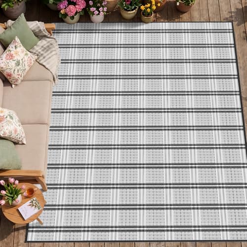 UPGRADE Waterproof Outdoor Rug 8x10 ft, Reversible Plastic Patio Rug, UV Resistant Straw Camping Mat with Carry Bag for RV Beach Deck Backyard, Gray & White - color: Gray & White, size: 8' x 10'