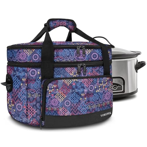 YOREPEK 2 Layer Slow Cooker Carrier, Compatible with 6, 7, 8 Quart Crock-Pot, Insulated Large Slow Cooker Travel Bag with Bottom Pad Lid Fasten Straps, for Family Gathering Potluck, Gift for Women - color: Colorful