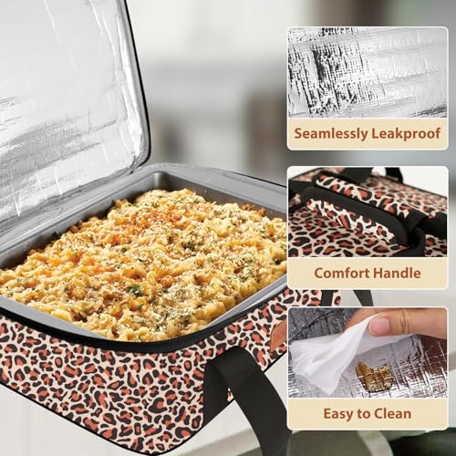 Insulated Casserole Carrier Bag, Expandable Thermal Food Carrier Insulated Travel Carry Bag for Hot or Cold Food for Picnic Cookouts Potluck Parties Fits 9" x 13" Baking Dish (Leopard) - color: Leopard, size: 16x11.4x4.7inch