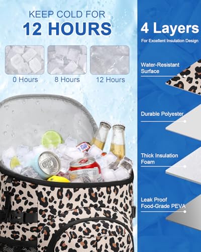 Pritent Cooler Backpack for Men Women Insulated Waterproof Backpack Cooler Leak Proof Cooler Bag Lightweight Lunch Backpack for Camping Beach Travel Picnic - color: Leopard, size: 30 Cans