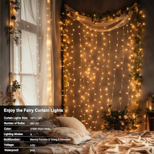 echosari 300 LED Curtain Lights Battery Operated, 9.8ft×9.8ft Hanging Light with Remote Timer Fairy Curtain Lights for Bedroom Patio Wedding Backdrop Party Decór (Warm White) - color: Warm White, size: 9.8ft X 9.8ft