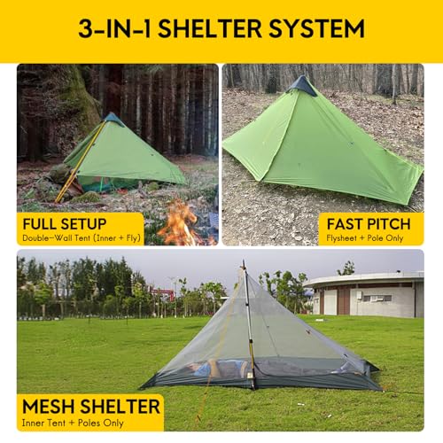 LANSHAN Ultralight Tent 3-Season Backpacking Tent for 1-Person or 2-Person Camping, Trekking, Kayaking, Climbing, Hiking - color: 1-person, green