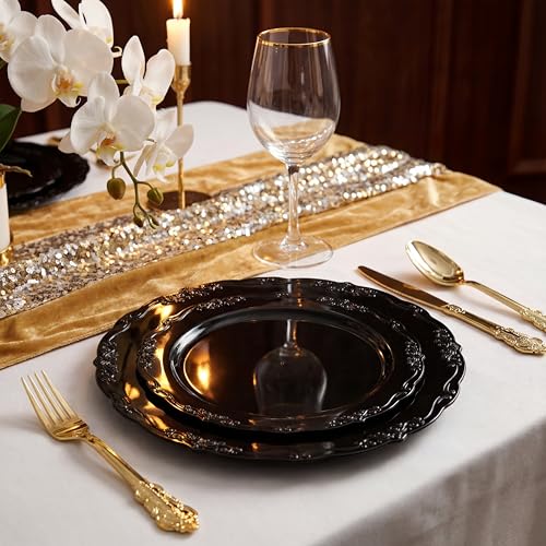 U-QE 100PCS Black Plastic Plates, Heavy Duty Black Plates Including 50PCS 10'' Dinner Plates & 50PCS 7.5'' Dessert Plate - Hard Plastic Plate for Party Wedding Bridal Shower - color: Black