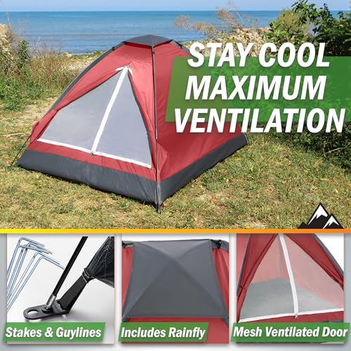 2 Person Camping Tent with Rain Fly and Carrying Bag – Lightweight Outdoor Pop Up Tents for Camping Essentials, Music Festivals, Backpacking, Hiking, or Beach Shelter by Wakeman Outdoors - color: Red