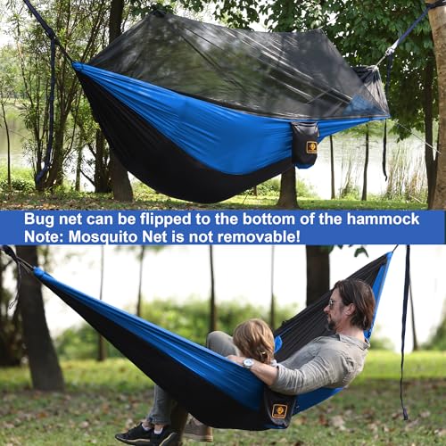 Camping Hammock with Net,Travel Portable Lightweight Hammocks with Tree Straps and Solid D-Shape Carabiners,Parachute Nylon Hammock for Outsides Backpacking Beach Backyard Patio Hiking - color: Dark Grey & Blue, size: Large
