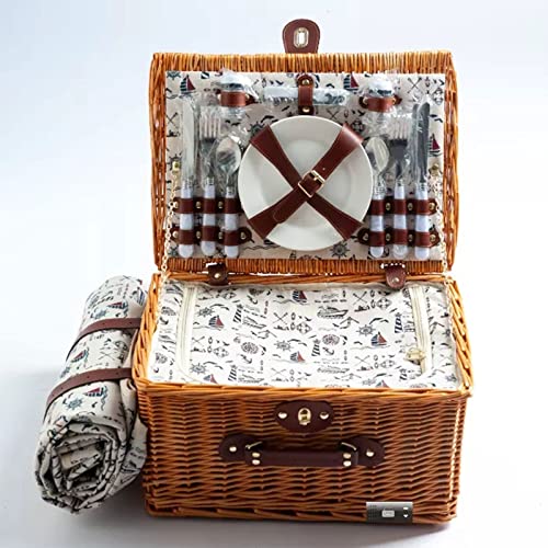Willow Picnic Basket Set for 4 Persons with Large Insulated Cooler Bag and Waterproof Picnic Blanket, Wicker Picnic Hamper for Camping,Outdoor,Gift,Wedding,Valentine Day,Grey - color: Gray
