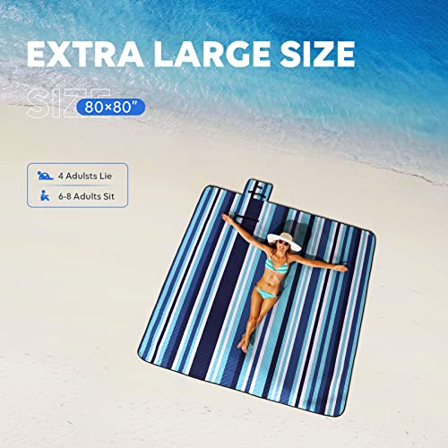 ZAZE Beach Blanket Picnic Blankets with Stakes, Thick 3-Layer 80*80 Oversized Waterproof Sandproof Compact Outdoor Mat, Big Extra Large Foldable Camping Park Vacation Travel Accessories(Blue Stripe) - color: Blue White Stripe With Stakes