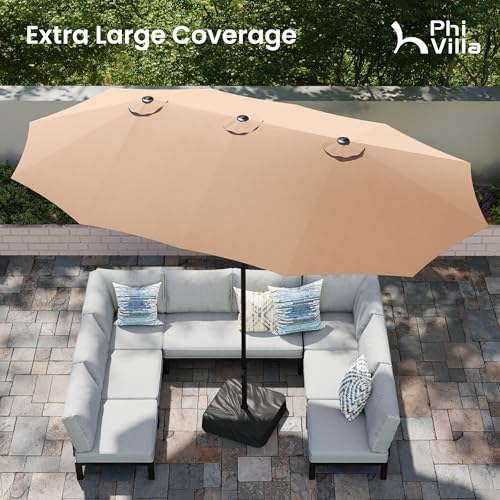 PHI VILLA 15ft Large Patio Umbrellas with Base Included, Outdoor Double-Sided Rectangle Big Market Umbrella with Stand, Outside Umbrellas for Poolside Lawn Backyard, Beige - color: Beige