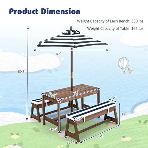 KOTEK Kids Picnic Table with Umbrella Foldable, Backyard Wooden Table & Bench Set w/Removable Cushions, Activity Art Play Table, Indoor Outdoor Toddler Picnic Table for Patio, Lawn & Garden (Blue) - color: Blue