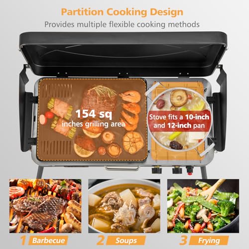 Giantex Portable Propane Grill & Camping Stove, 20,000 BTU Gas Camping Grill Burner, Independent Temperature Control, 3-Sided Wind Guard, Detachable Legs, for BBQ, Tailgating, Outdoor Cooking (Black) - color: Black