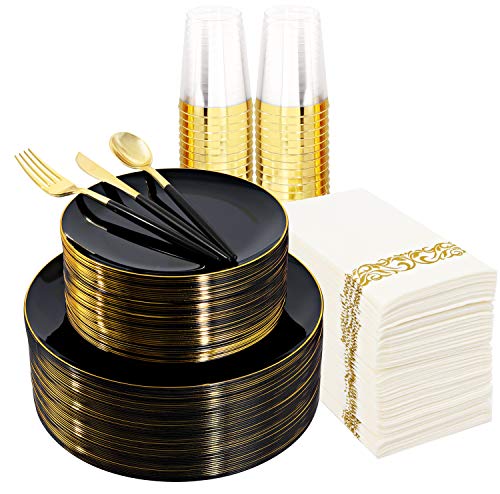 Supernal 350pcs Black Plastic Dinnerware Set - Black and Gold Plastic Plates, Gold Silverware Set, Wedding Party Plate, Cups for Birthday, Party, Wedding,Valentine's Day, Mother's Day and Easter - color: 350pcs Black and Gold Plastic Dinnerware Set