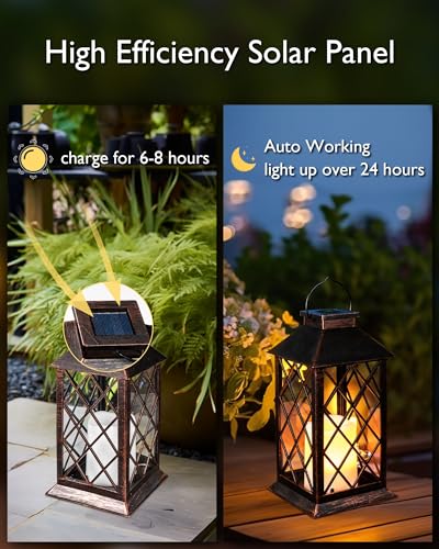 Homemory Solar Lanterns Outdoor Waterproof Hanging with Flickering Flameless Candles, 2 Pack 13'' Garden Outdoor Lantern Decorative for Patio Front Porch Backyard Balcony Cabin Outside(Antique Copper) - style: Copper