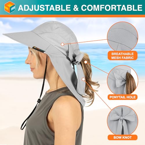 SUN CUBE Wide Brim Sun Hat with Neck Flap, UPF50+ Hiking Safari Fishing Hat for Men Women, Sun Protection Beach Hat - color: Light Grey With Bow