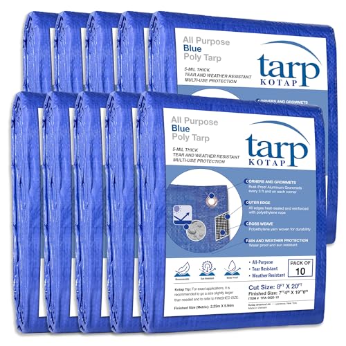 KOTAP All-Purpose Multi-Use 5-mil Poly Tarp, Blue, Cut Size 8 x 20 ft./Finished Size 7 ft. 4 in. X 19 ft. 6 in., TRA-0820-10, Waterproof - color: Blue, size: 8 x 20 Ft., (10-Pack)