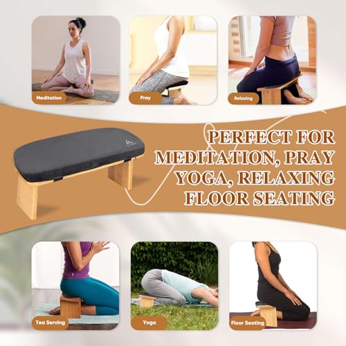 Meditation Bench with Cushion Foldable Ergonomic Bamboo Kneeling Stool Seiza Bench Wooden Meditation Stool Chair Zen Lotus Yoga Stool Floor Sitting Prayer Bench Removable Pillow - color: Light Grey