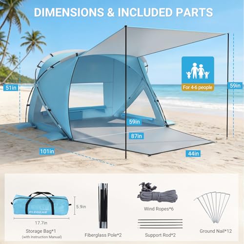 Elegear Beach Tent Sun Shelter with Canopy, CumbreX™ 4-6 Person Pop Up Beach Tent, Easy Setup UPF 50+ UV Protection Portable Lightweight Waterproof Cooler Family Beach Cabana Sun Shade Shelter - Blue - color: Blue