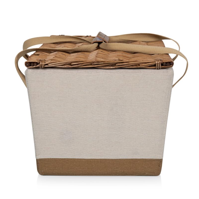 Picnic TIME Boardwalk Picnic Basket, Romantic Vintage English-Style Wooden Basket, Complete Deluxe Service for Four with Durable Canvas and Handwoven Lid - color: White With Bees and Lemon Pattern for 2