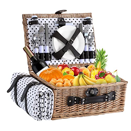 Picnic Basket for 4 Persons with Waterproof Picnic Blanket and Insulated Cooler, Large Wicker Picnic Basket for Camping, Outdoors, Valentine's Day, Christmas, Birthday, Wedding Gift - color: Brown＆white Spots
