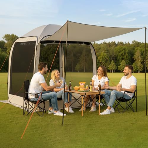 VEVOR Pop Up Screen House Tent, 6 x 6 ft, 4-6 Person Screen Gazebo with Extended Awning, Portable Screened in Canopy with Carry Bag, Netting Sides, for Patio, Backyard, and Outdoor Activities, Beige - color: Beige 1, size: 6×6×7.2 Ft