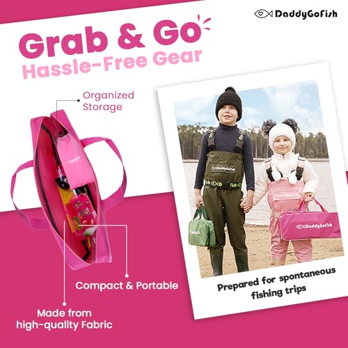 DaddyGoFish Kids Fishing Pole - Rod Reel Combo Tackle Box Starter Set - First Year Small Dock Gear Kit for Boys Girls Toddler Youth Age Beginner Little Children Junior Anglers - color: Pink (Complete Set), size: 4ft