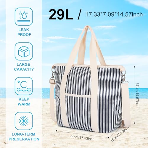 Nanxson 9L/15L/29L Extra Large Insulated Lunch Bag for Women Adult Reusable Leakproof Picnic Lunch Box Freezable Cooler Tote Bag (29L,B-Navy Stripe) - color: B-Navy Stripe, size: 29L